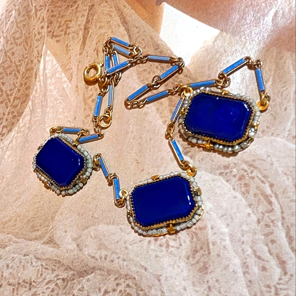 RARE Antique German Lapis Glass Seed Bead Necklace - Picture 6 of 7